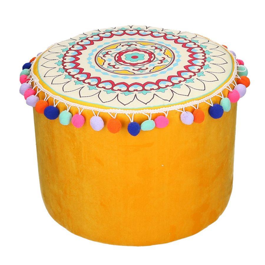 Pouff in velluto giallo arancione con pompon
