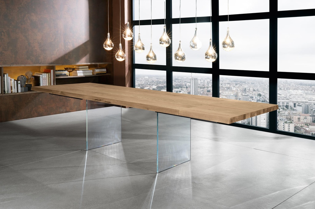 Tavolo allungabile in rovere impillacciato e gambe in vetro temperato 160/240x90x76h cm
