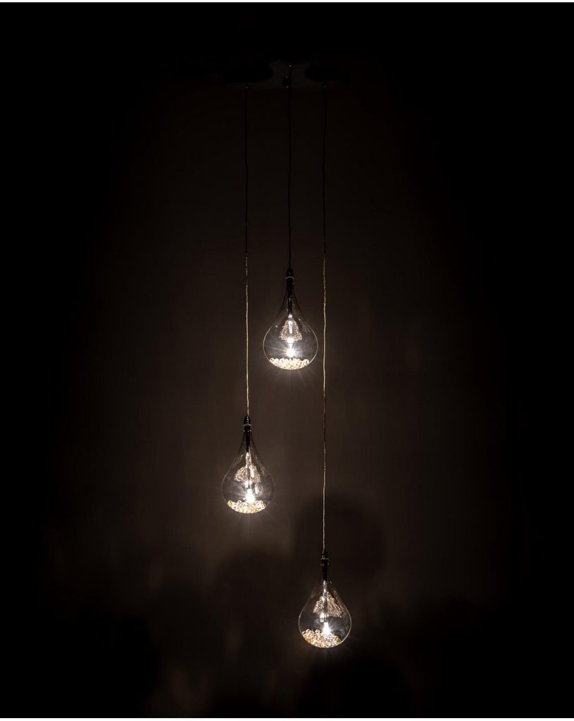 Lampada a sospensione in vetro e metallo rosa, dimensioni 33cm x 33cm x 133cm