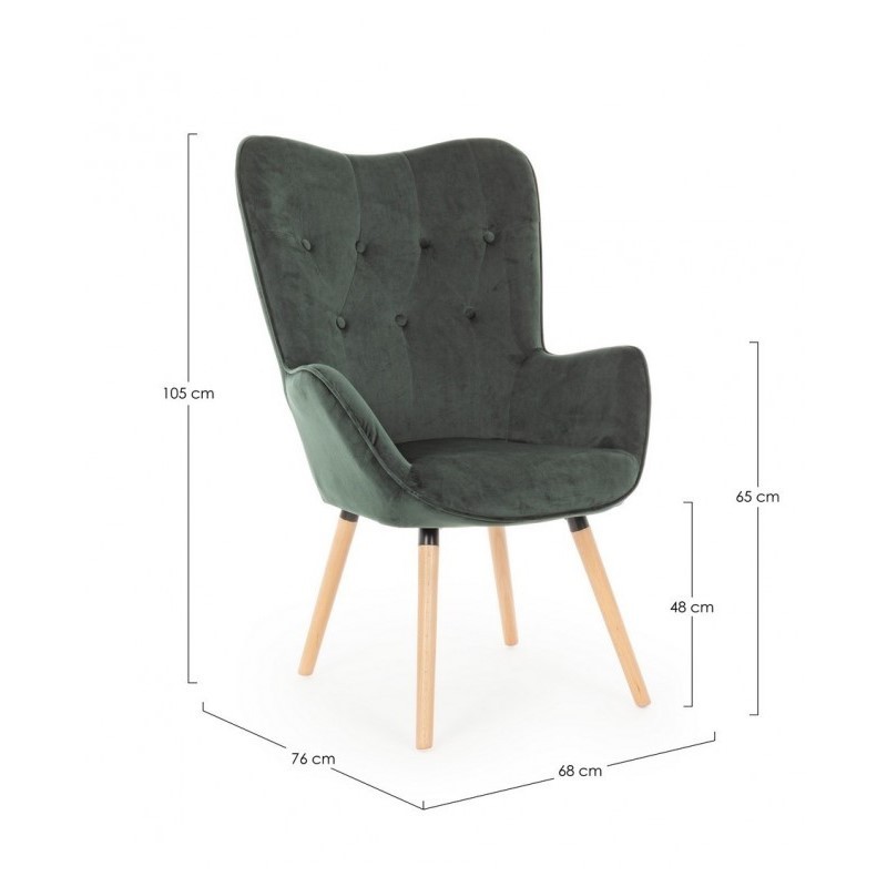 Poltrona velluto verde bosco, dimensioni: 68x76x105 cm