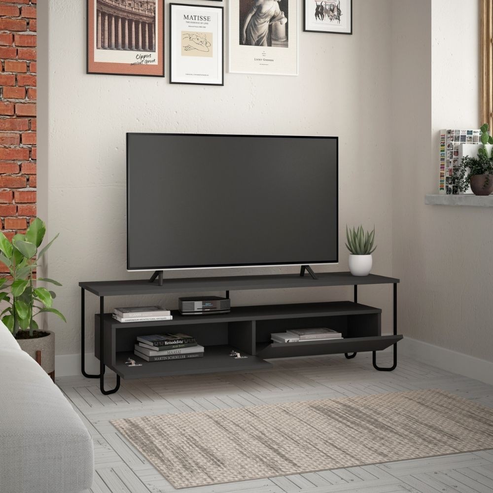 Porta Tv Cornea due ante antracite - Mobile port tv con piedi in metallo nero - Misure 150x42x45 h cm