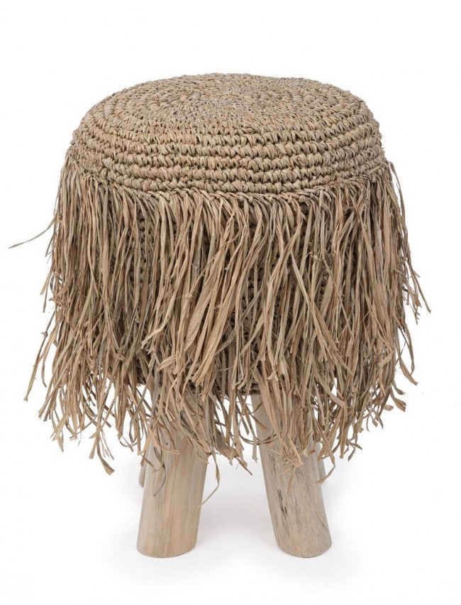 Sgabello Florinda G02 H45 in Teak Naturale con Seduta in Fibra Naturale
