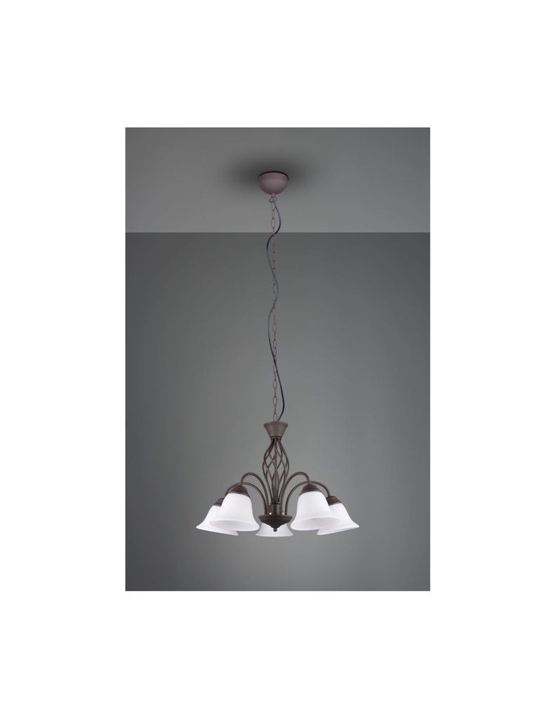 Lampadario Sospensione Rustica 5 Luci Ruggine Coppe Vetro Bianco Trio Lighting - Samnite