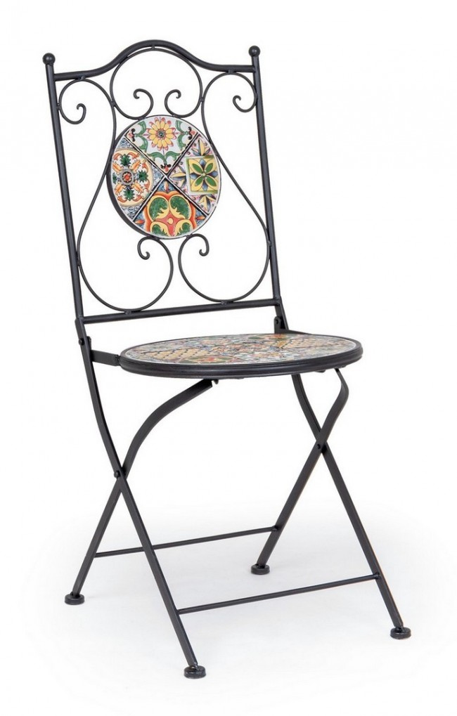 Sedia pieghevole in acciaio NAXOS con seduta e schienale decorate in ceramica 92h cm - Samnite