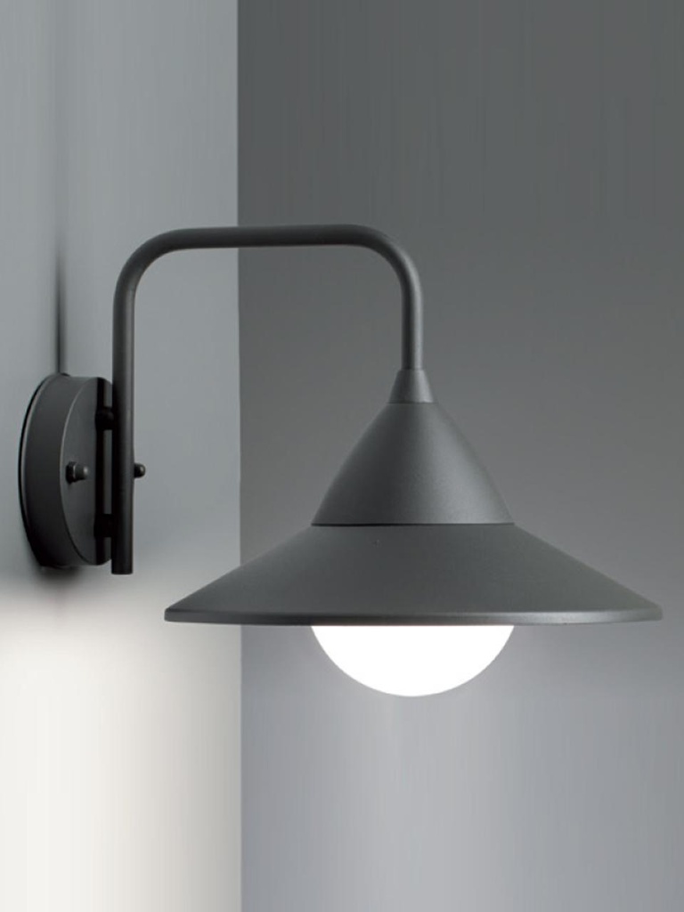 Applique in alluminio e metallo. Diffusore in termoplastico opalino. Consumo 20W. Flusso luminoso nominale 2050 lumen. Flusso luminoso reale 1430 lumen. Classe di efficienza energetica F. Temperatura di colore 3000°K - 4000°K - 6500°K. Illuminazione con 48 LED SMD 2835. Alimentazione 230V. Classe di protezione IP54. Potenza massima lampade 20W. grafite