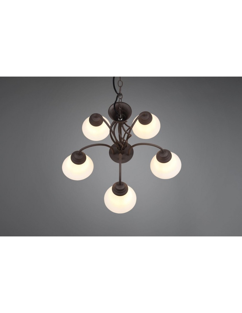 Lampadario Sospensione Rustica 5 Luci Ruggine Coppe Vetro Bianco Trio Lighting - Samnite