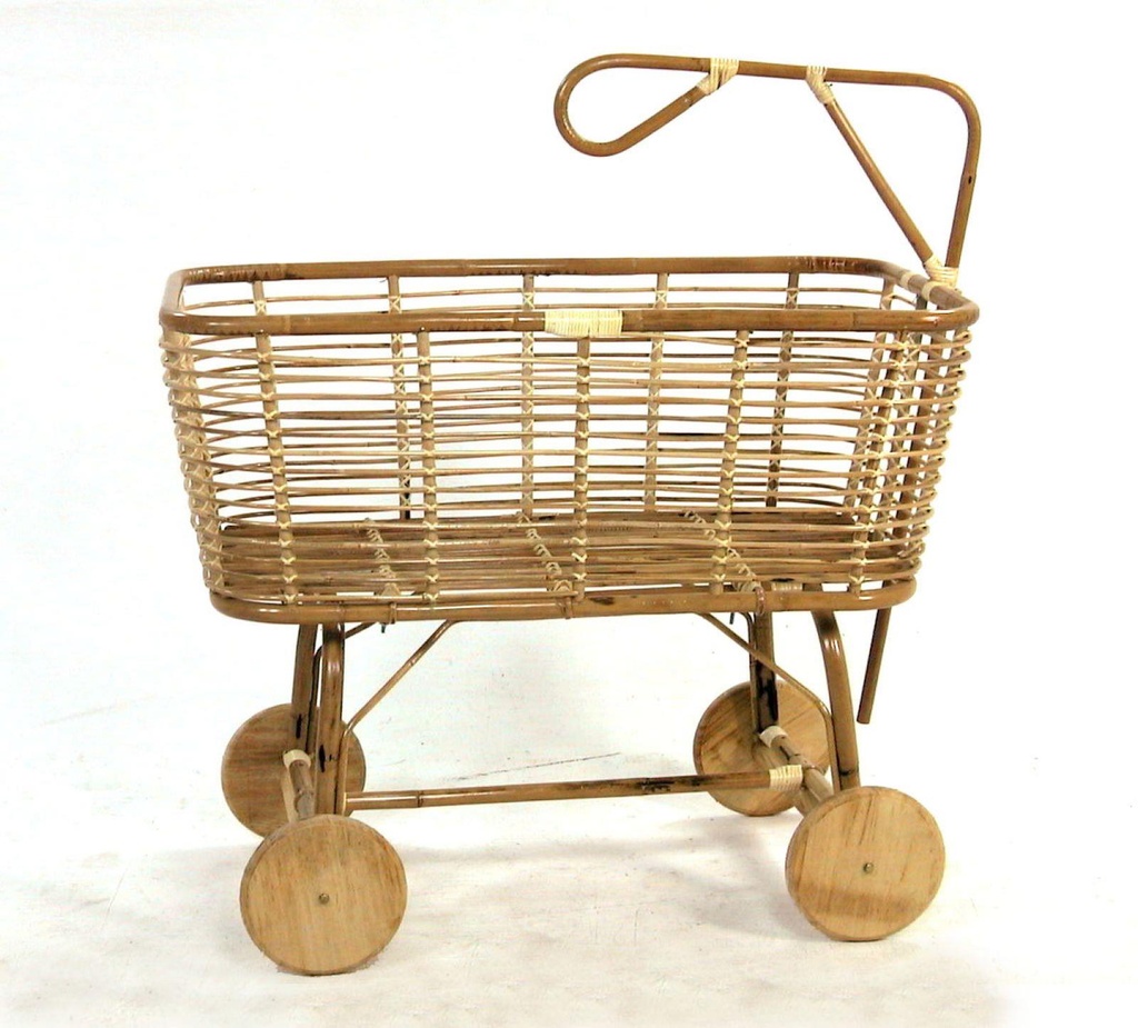 Culla per bambini in giunco con ruote in legno 97x57xh.43/79 cm