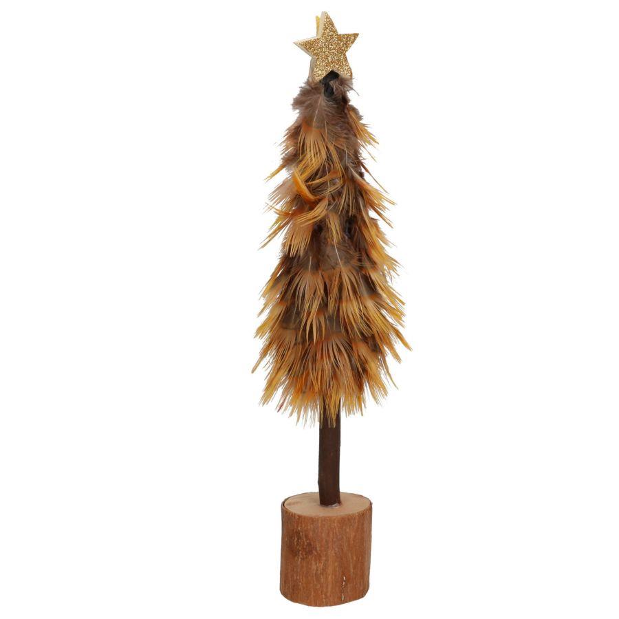Albero legno con piume oro 8x8x31 cm