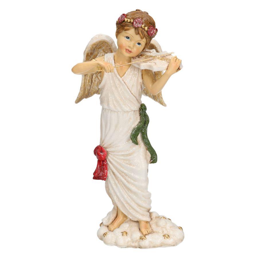 Angelo in resina bianca con violino 11,5x8x22 cm