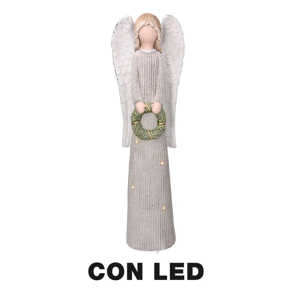 Angelo in resina con luce a LED argento 20x12,5 cm, altezza 65 cm