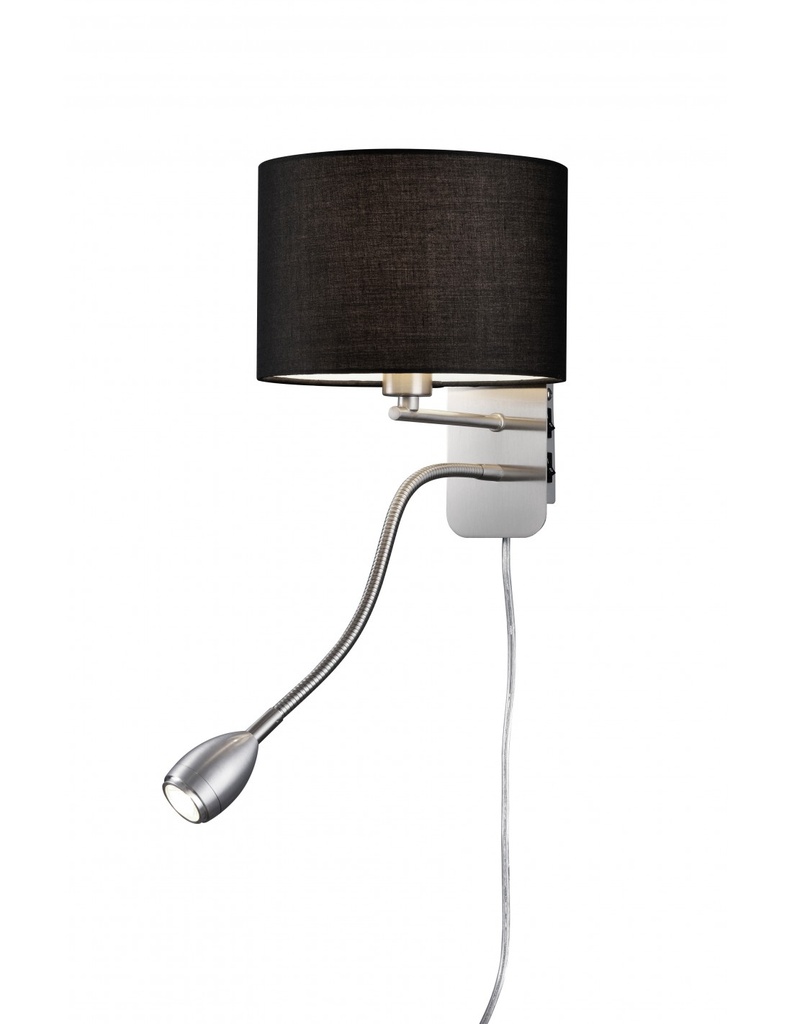Applique Hotel Nichel e Paralume Rotondo Tessuto Nero con Luce Lettura L20 cm