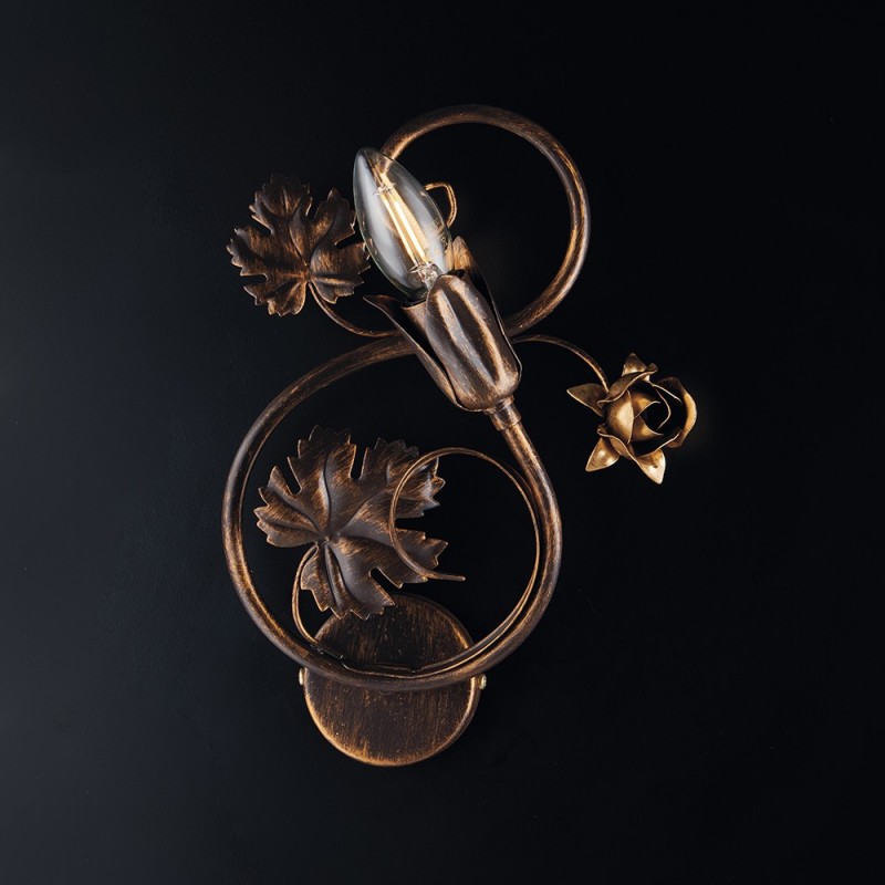 Applique rosoni in ferro Marrone con decorazioni Oro una luce 21x h30 cm