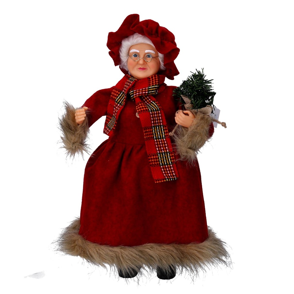 Babbo Natale Tessuto Signora con Sciarpa Marrone Rosso 45 cm
