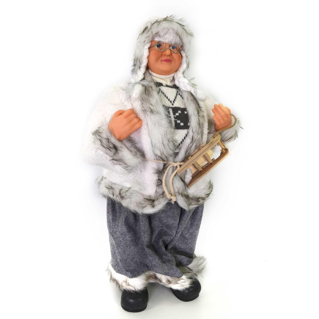 Babbo Natale Tessuto Signora con Slitta Grigio 35x17x60cm