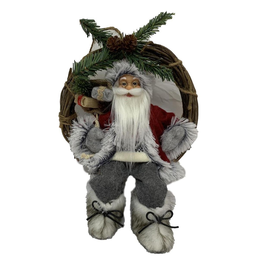Ghirlanda grigio rosso con Babbo Natale in tessuto - cm23,5x13,5h30