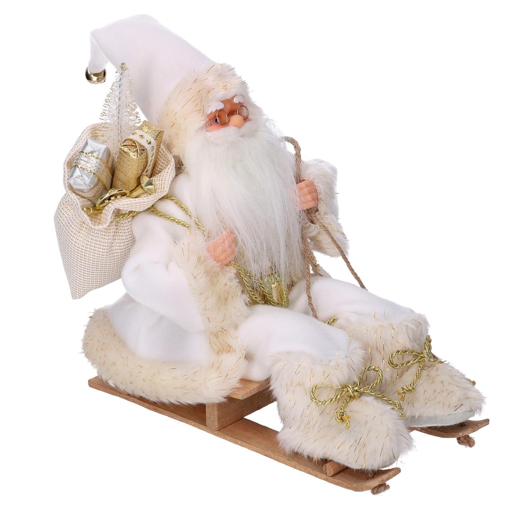 Babbo Natale Tessuto su Slitta Bianco Oro cm33x12h30
