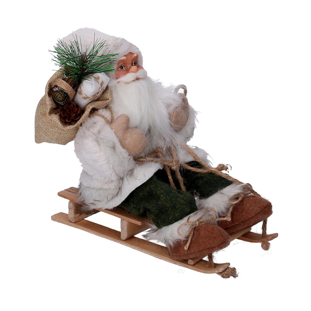 Babbo Natale Tessuto su Slitta Verde Bianco 33x12x30cm