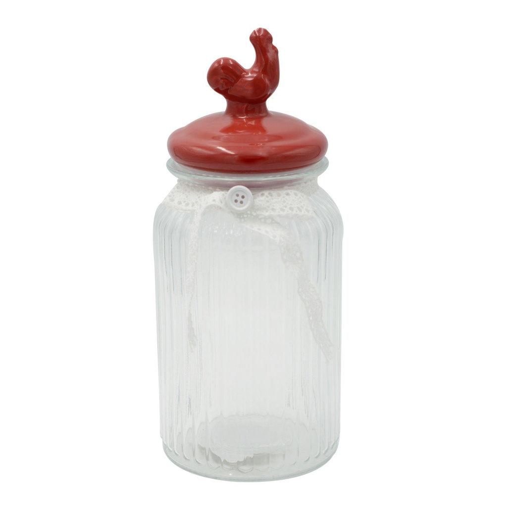 Barattolo in vetro con tappo gallo ceramica rosso tondo 11x11x25 cm