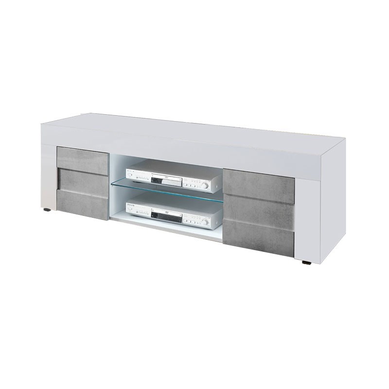 Base  Porta TV bianco lucido 2 ante grigio cemento  L.138 P.42 H.44 cm