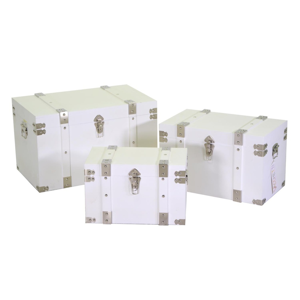 Set 3 Bauli Legno Bianco Rettangolari - Misure: 40x23x25 cm, 48x28x30 cm, 58x34x35 cm