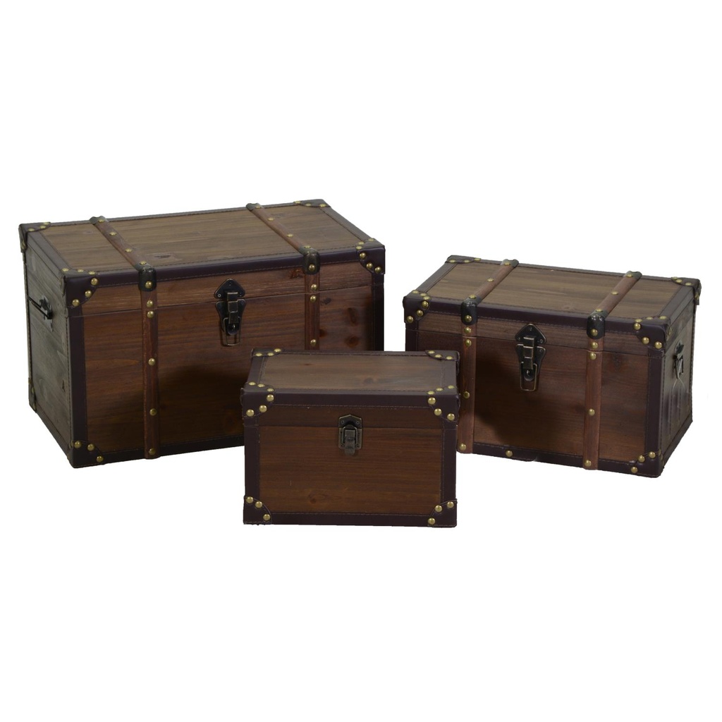 Set di 3 Bauli in Legno e Ecopelle Marrone