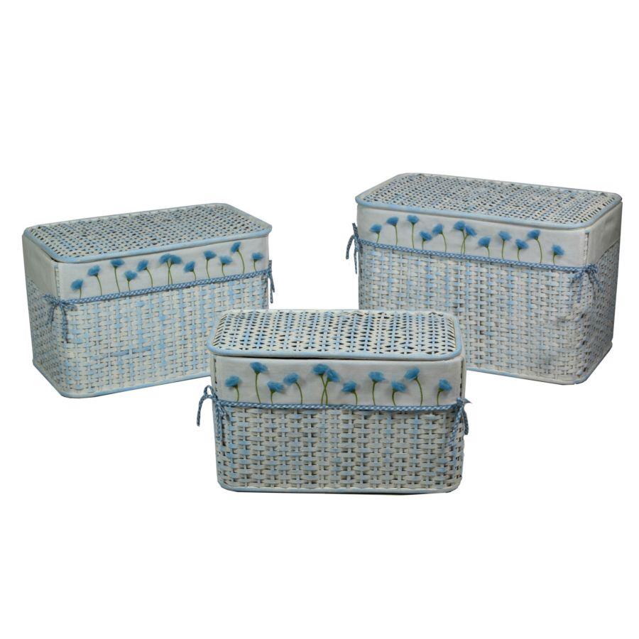 Baule Rattan Azzurro con Fodera - Set da 3 - Misure: Piccolo (56x30x33 cm), Medio (61x36x38 cm), Grande (66x41x43 cm)