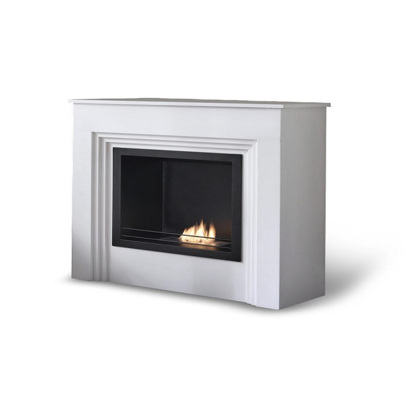 Biocamino da terra in bioetanolo, design moderno, bianco, struttura MDF laccato, bruciatore in acciaio inossidabile, 96x35x96 cm