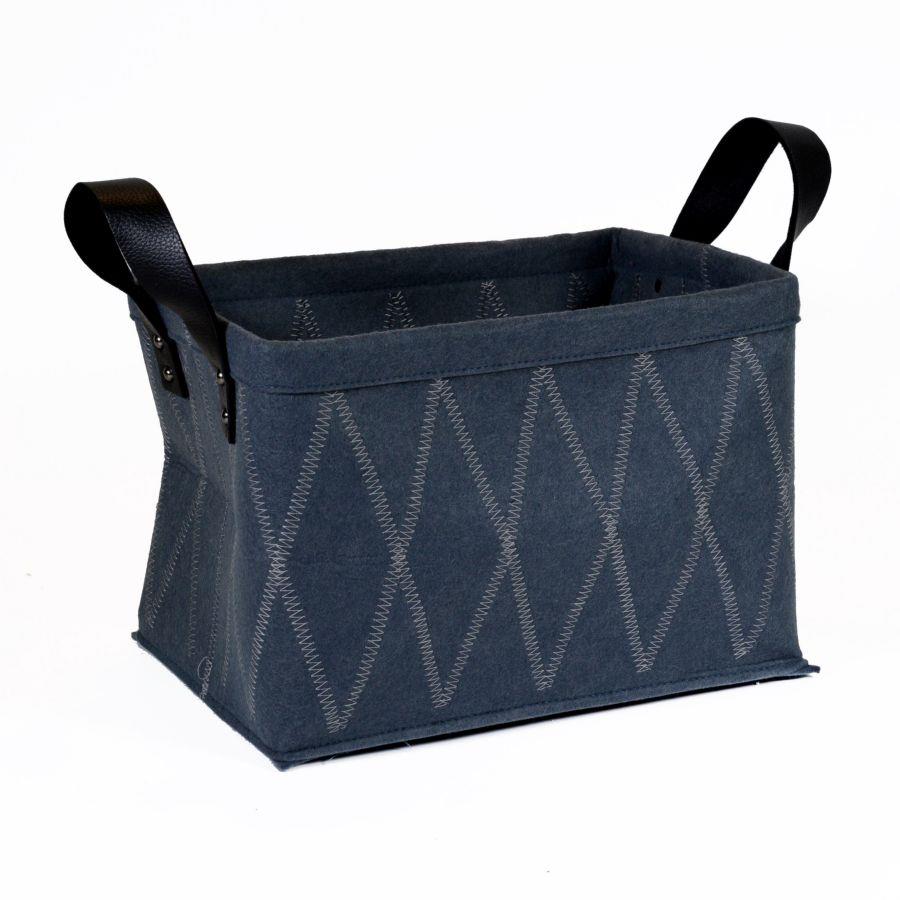 Borsa in feltro grigio scuro con decoro biancorombi e manici neri, misure 33x23x22,5 cm