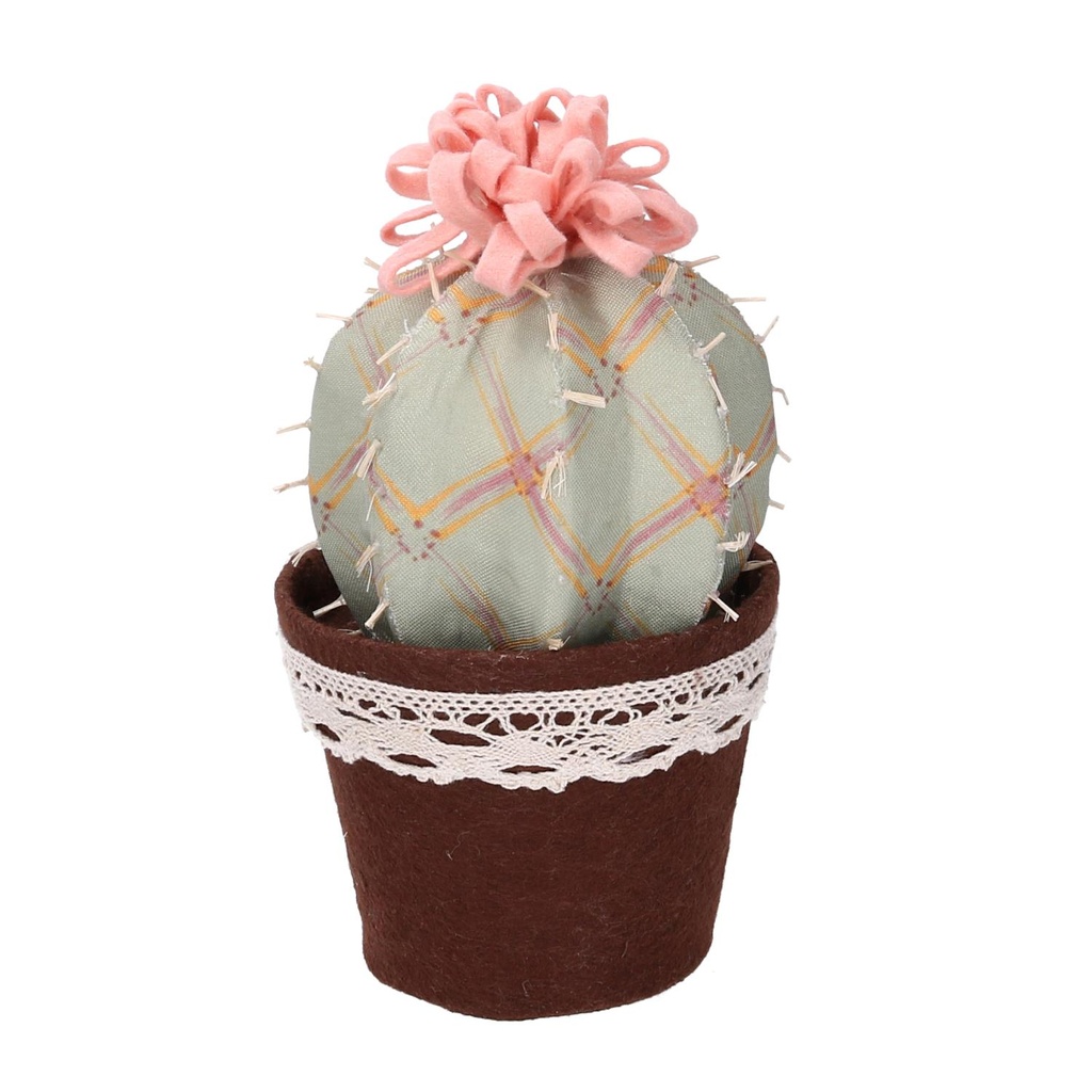Cactus tessuto con fiore verde rosa tondo 13x13x24 cm