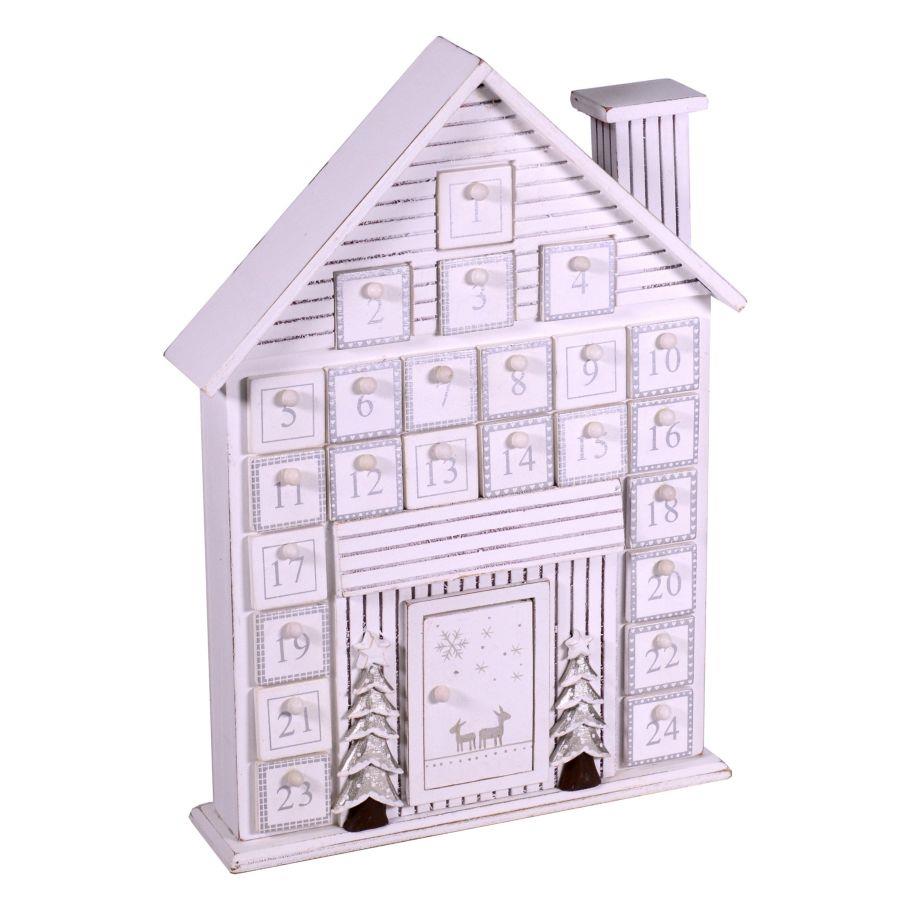 Calendario dell'avvento in legno casetta bianca 26x6x37,5 cm