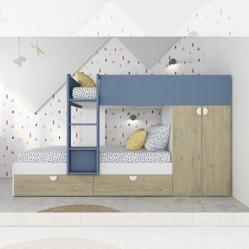 Cameretta con letto a castello con cassettoni e armadio colore rovere e azzurro