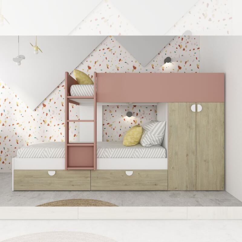 Cameretta con letto a castello con cassettoni e armadio colore rovere e rosa antico