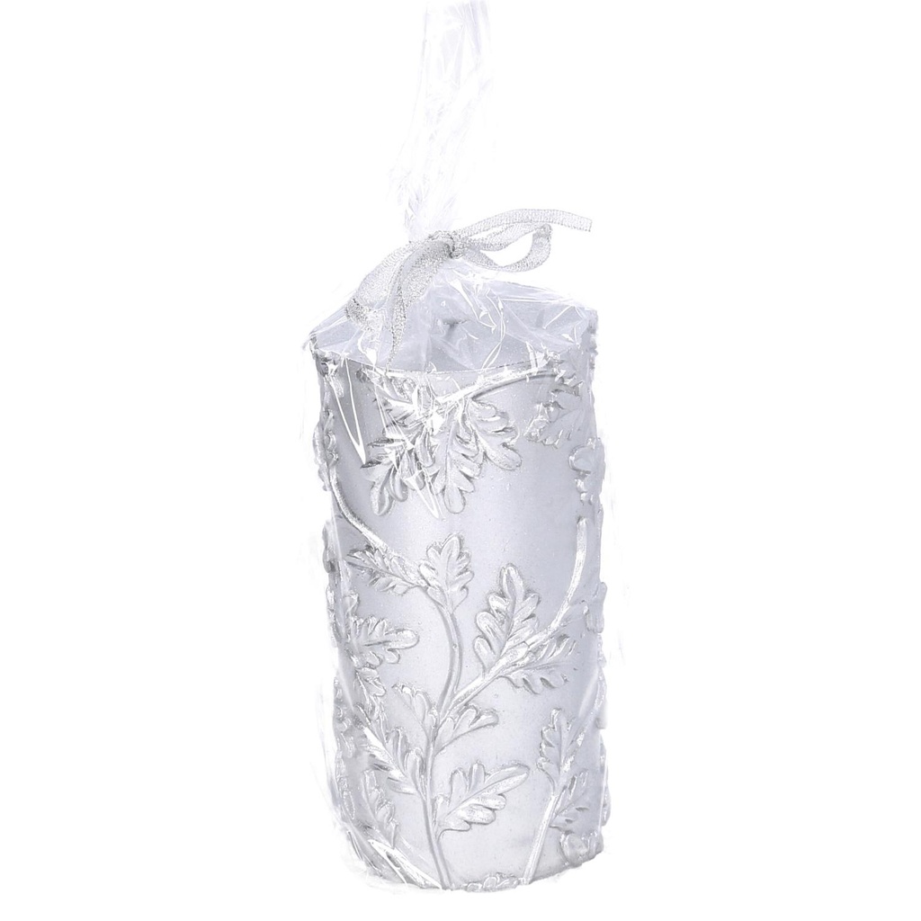 Candela paraffina foglie goffrate argento 7x15 cm
