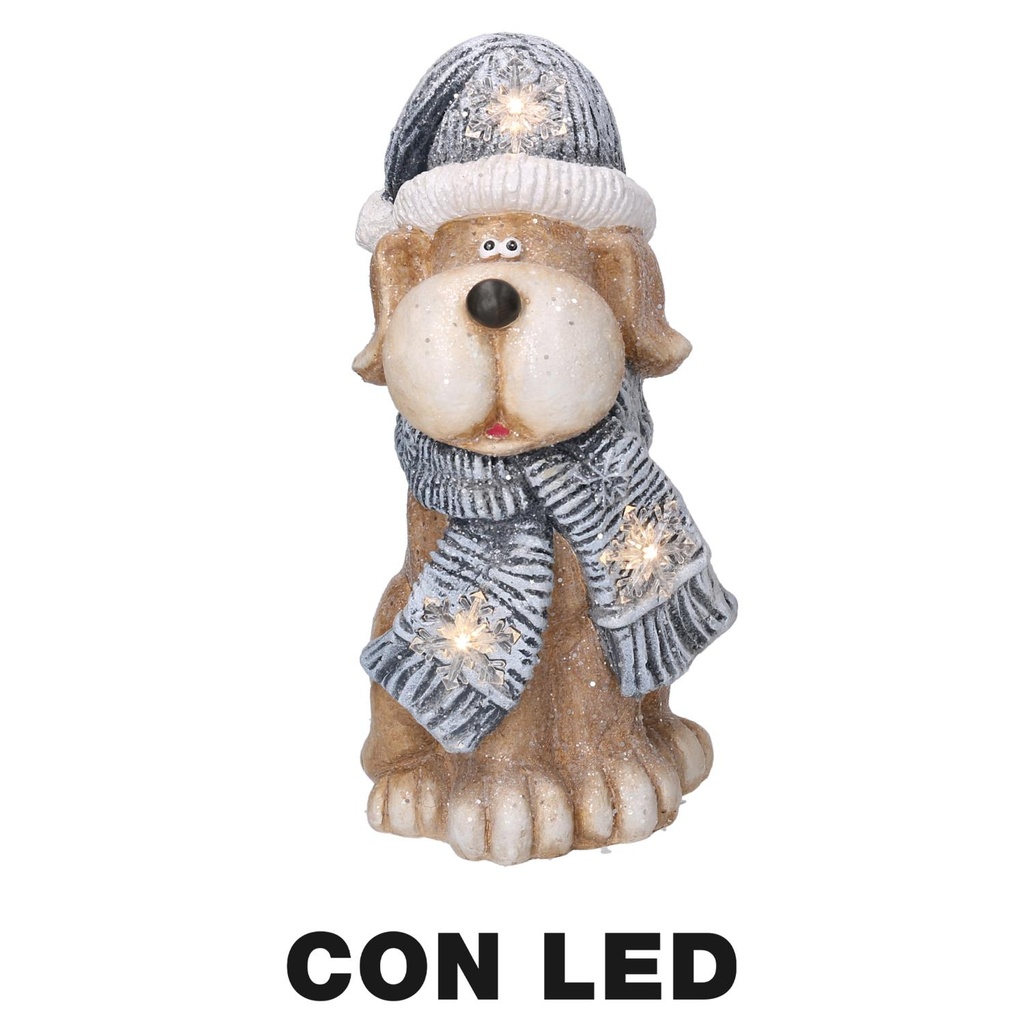 Cane in resina con cappello grigio e luce a led, dimensioni cm22x19,5h40