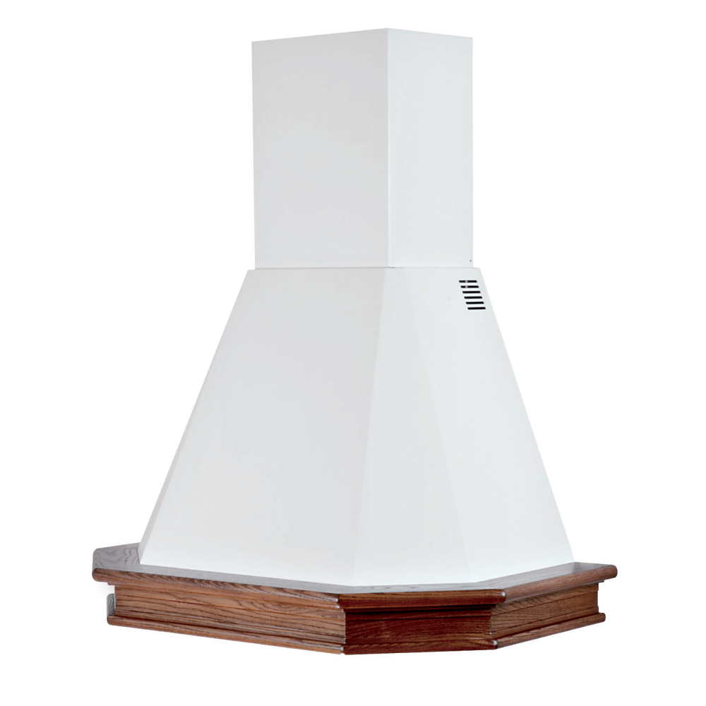 Cappa aspirante RUSTICA 5 LATI in acciaio inox bianco e cornice in legno colore tabacco cm 90