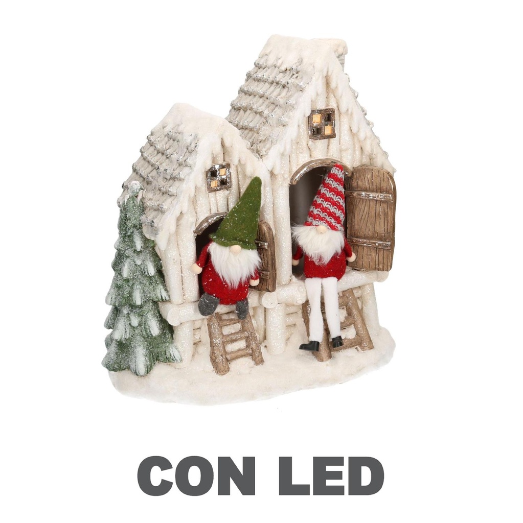 Casetta in resina bianca con led e gnomi - 40x23x44 cm