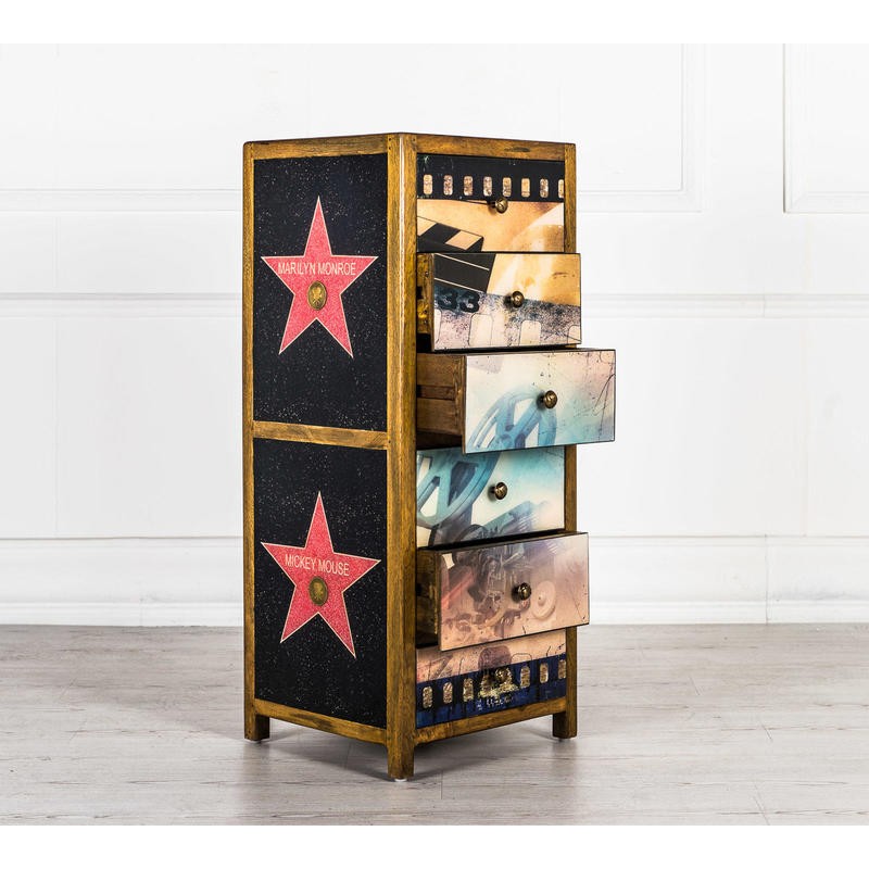 Cassettiera multicolor con 6 cassetti decorati, realizzata in legno di mango, 42x45x110 cm