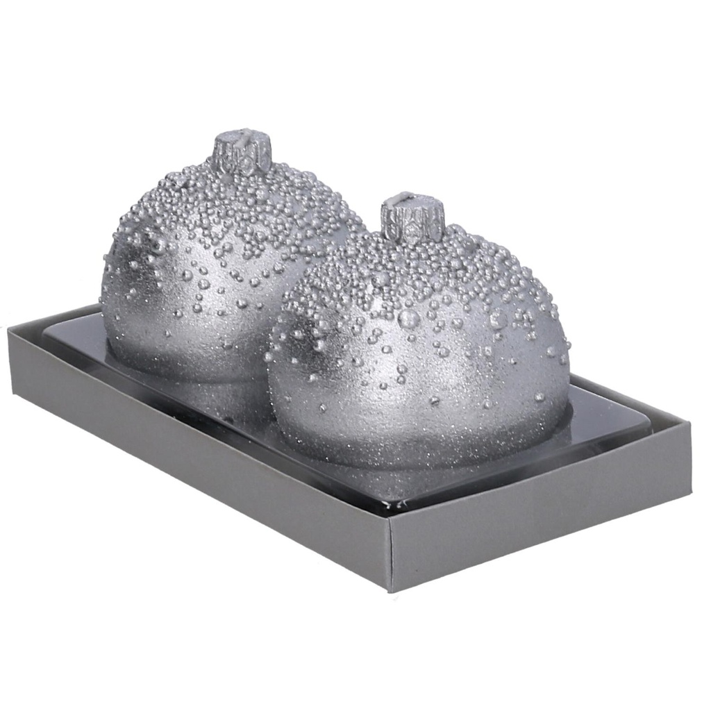 Confezione 2 pezzi candela paraffina sfera con bolle argento ø7,5h7,5