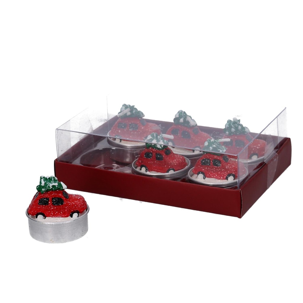 Confezione 6 pezzi candela paraffina macchina con albero innevato rosso 2 ore