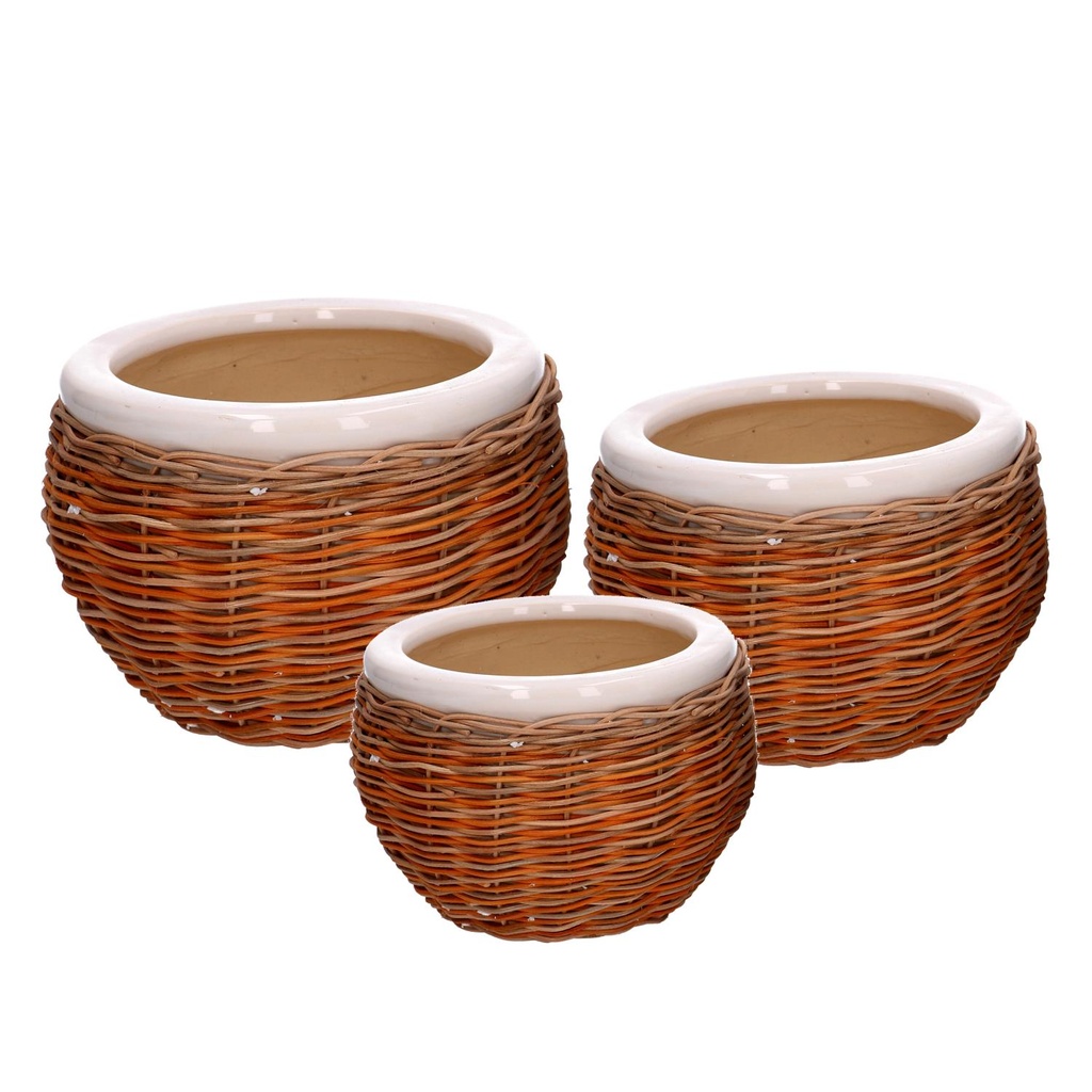 Coprivaso in ceramica bianco con dettaglio in vimini - Dimensioni: 31x31x21 cm