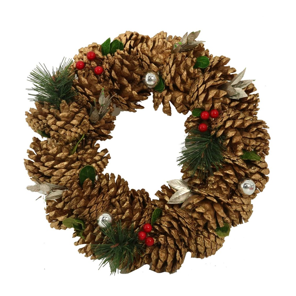 Coroncina con bacche rosse e pigne d'oro ø29cm h7,5cm