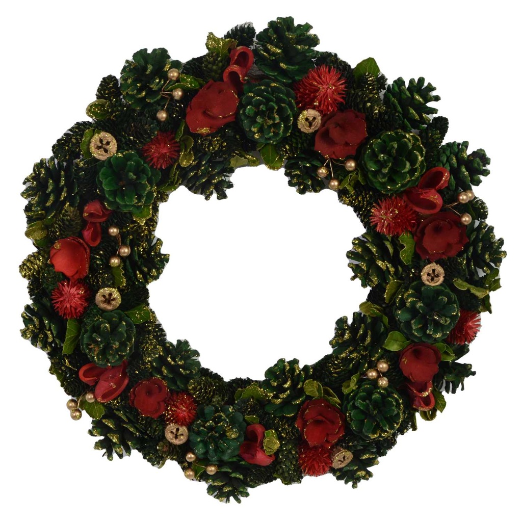 Coroncina con fiori rossi e pigne verdi ø45h8