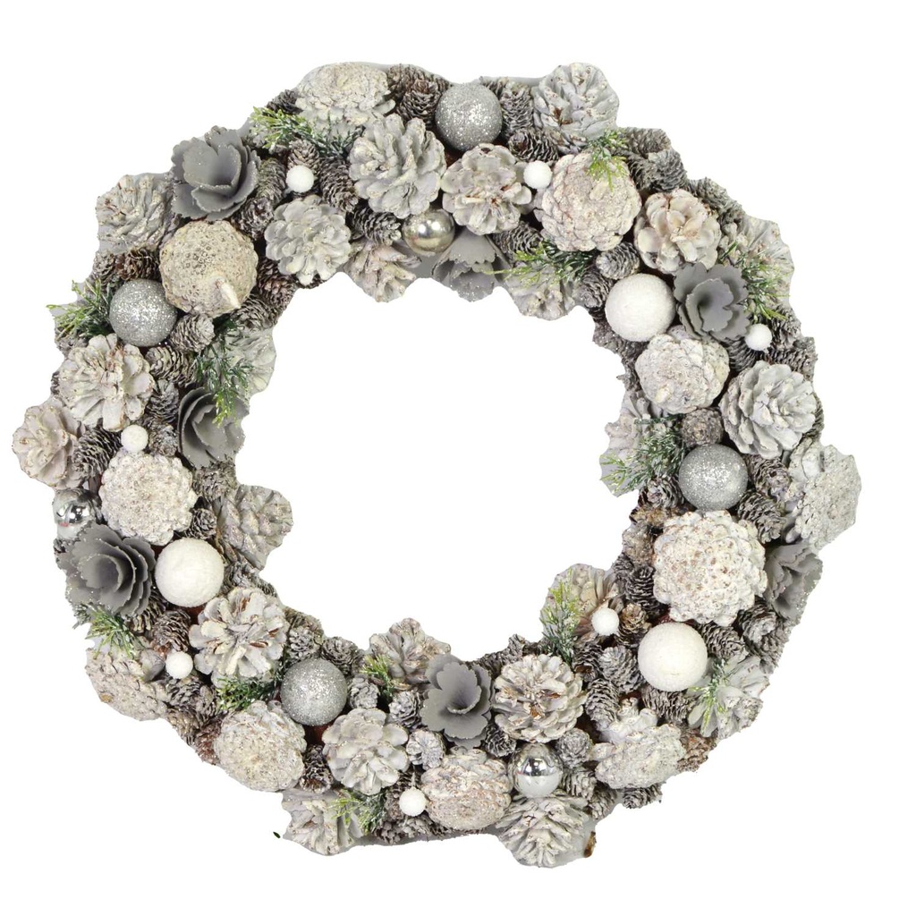 Coroncina con pigne glitter argento ø30 cm