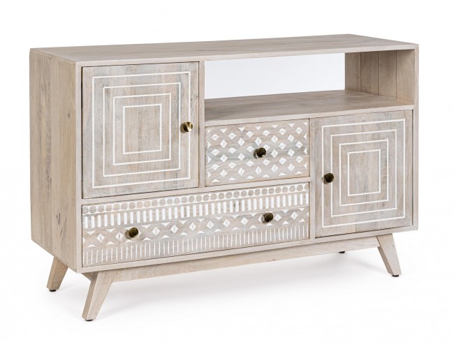 Credenza 2A-2C Indira - Mobile in Legno di Mango con Intarsi Fatti a Mano - Dimensioni: 115x42x76 cm