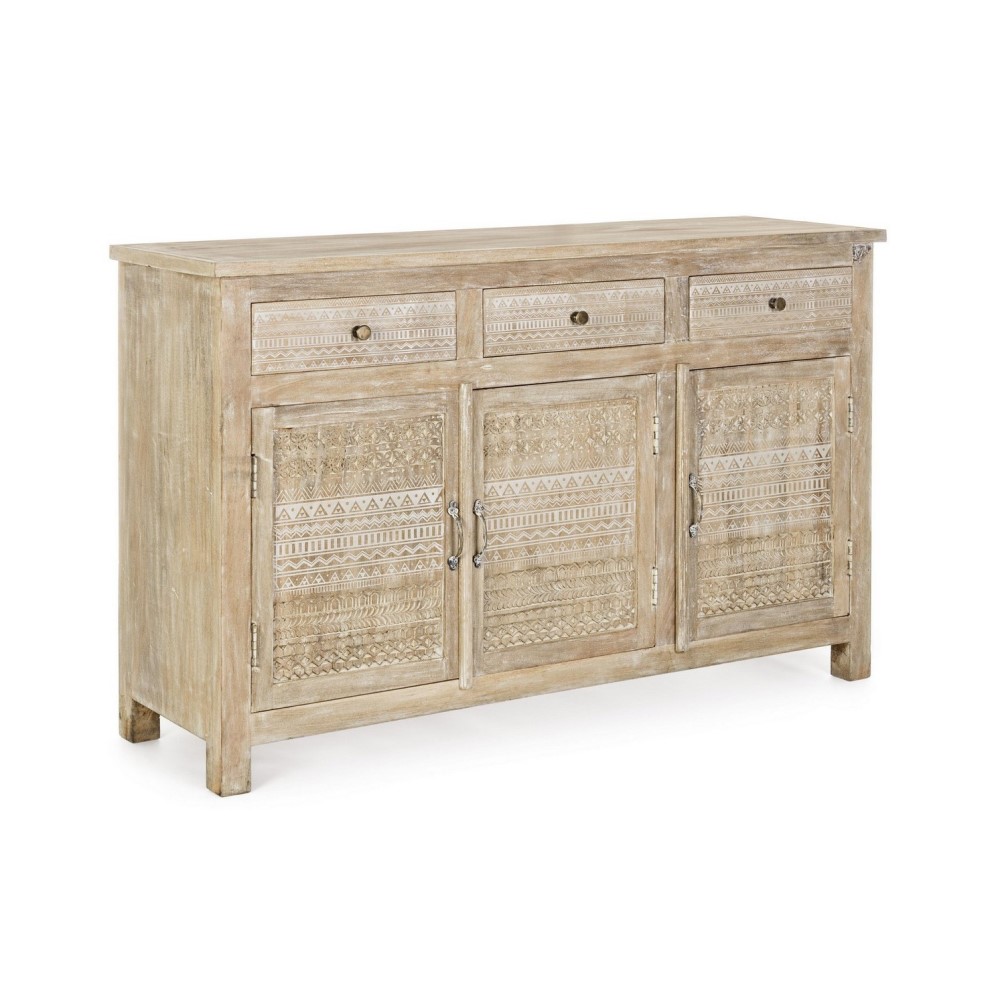 Credenza in legno stile naturale con 3 ante e 3 cassetti - Misure: 135x40x85 cm