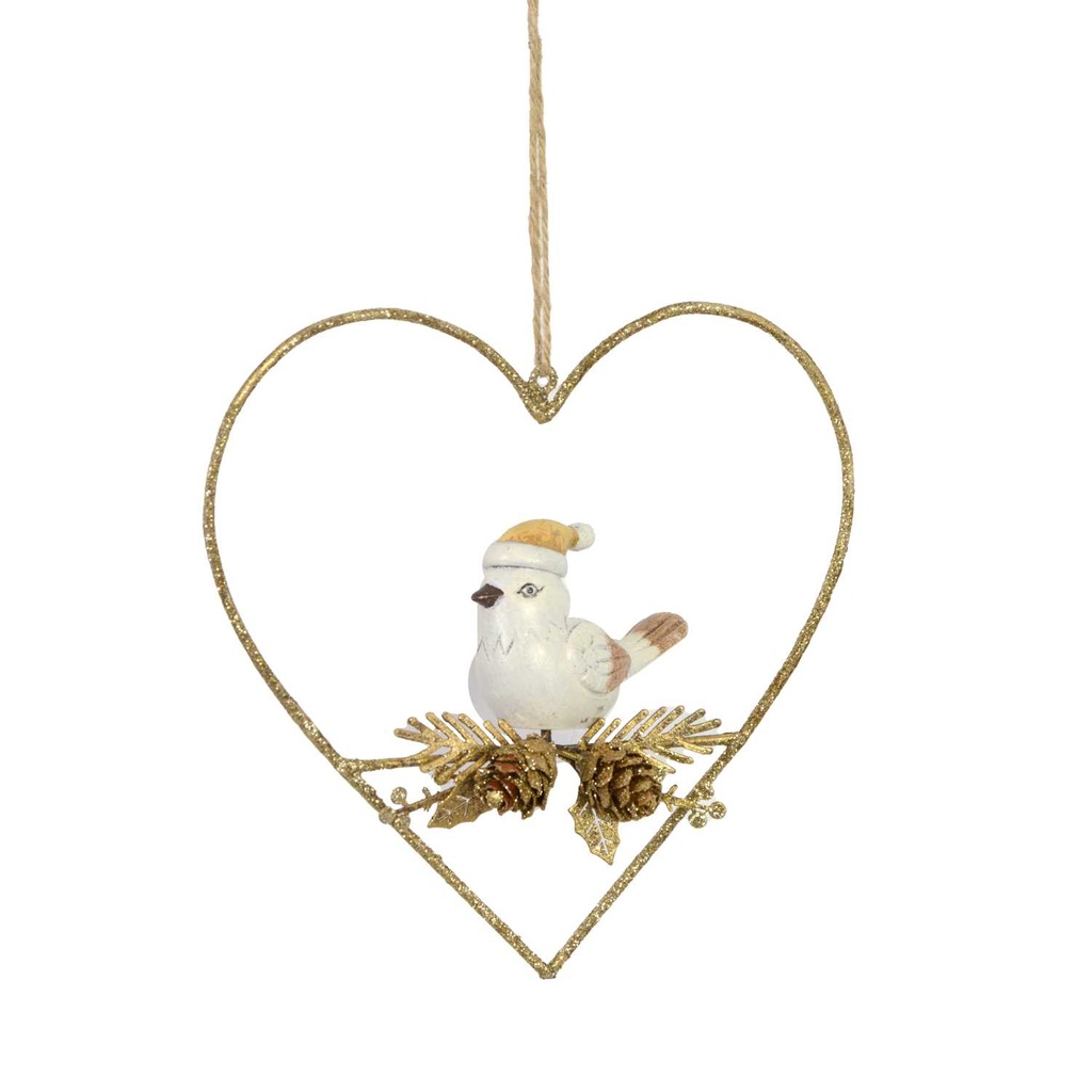 Cuore Metallo con Uccellino Oro 12x11x5 cm
