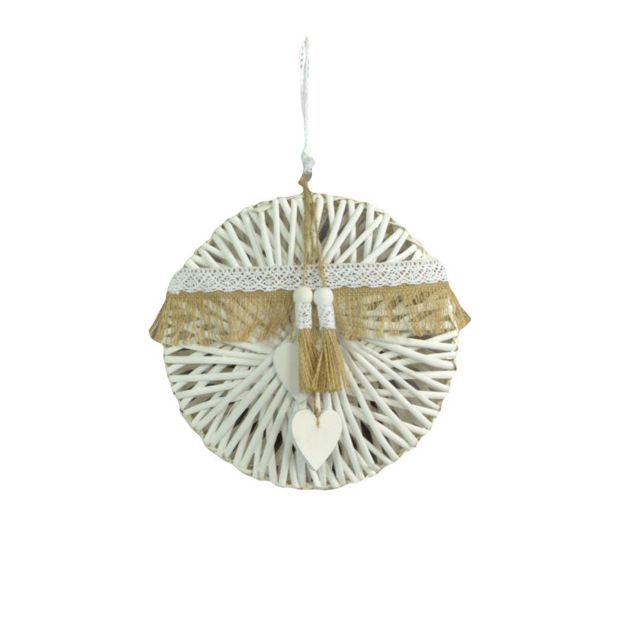 Decorazione in vimini bianco con pizzo, cmø32x7/5