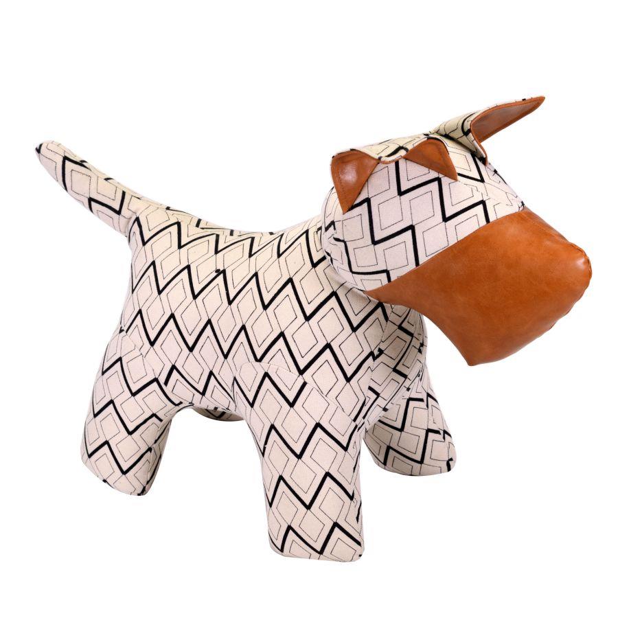 Fermaporta in tessuto ecopelle marrone bianco con motivo cane - 58x25x42 cm