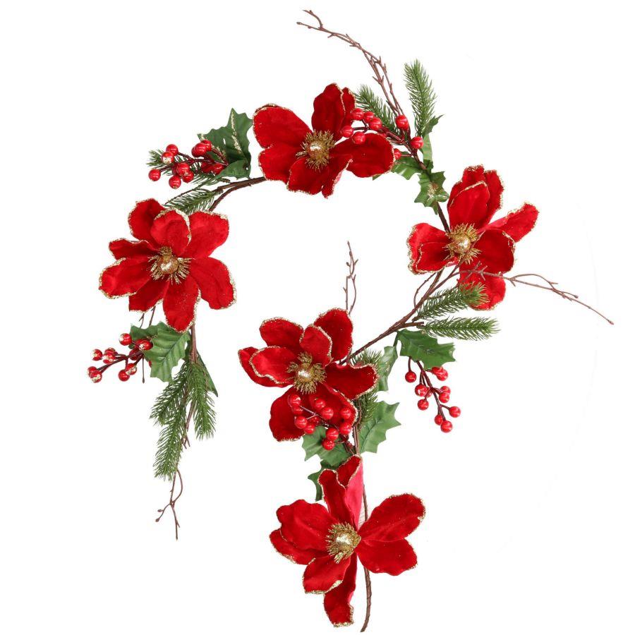 Festone fiori bacche rosso oro 120x15x10 cm
