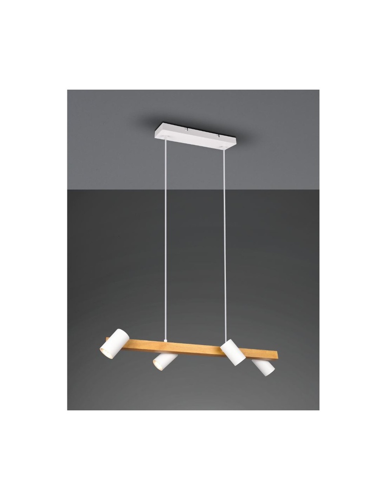 Lampada Sospensione Lineare Legno 4 Spot Cilindrici Orientabili Bianco